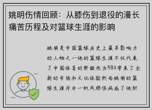 姚明伤情回顾：从膝伤到退役的漫长痛苦历程及对篮球生涯的影响